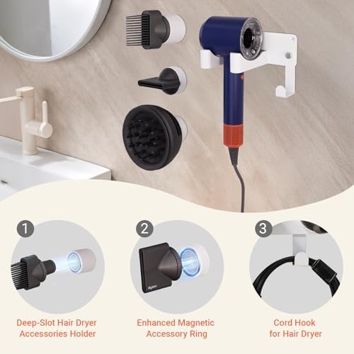 Hair Dryer Holder, Hair Dryer Holder Wall Mounted Self Adhesive Hairdryer Holder forDyson Aluminum Blow Dryer Holder Wall Mounted Black Hairdryer Hanger for Bathroom White CHOCHOYAH - Image 4