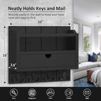 Nekon Mail Organizer with Drawer for Wall, Wooden Key Holder, Black - Image 5