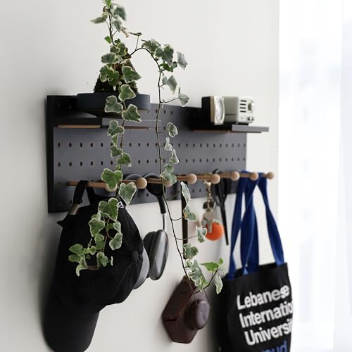 Wooden Pegboard Accessories Set: Modular Wall Hooks & Shelf for Garage, Office & Home Organization(Black Colored Finish-B) by CreatedOn2005