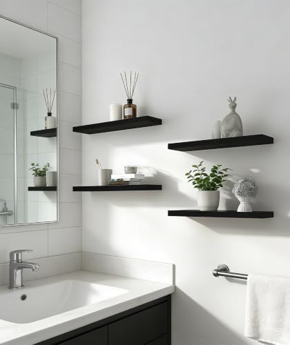17 Inch Rustic Wood Floating Shelves Farmhouse Wooden Wall Shelves for Bathroom Bedroom Living Room Kitchen Office Set of 6 Black - Image 6