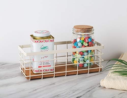 TIEYIPIN Small Metal Wire Storage Basket, Detachable Wood Base Storage Organizer Bin Basket for Kitchen Cabinets, Bathroom, Pantry, Garage, Laundry Room (Cream White, 2 Pack) - Image 3