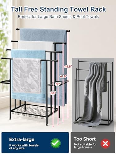 Haturi 4-Tier Free Standing Towel Rack for Bathroom, 45.3" H Black Metal Towel Drying Rack, 18.1" W with Storage Basket, Outdoor Pool Towel Holder for Oversized Towels & Blankets - Image 6