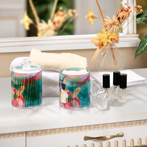 Fustylead 4 Pack Cute Cat with Sunglasses in The Pool Qtip Holder Dispensers, Plastic Apothecary Jar Bathroom Accessories Set for Cotton Ball, Swab, Round Pads, Floss - Image 6