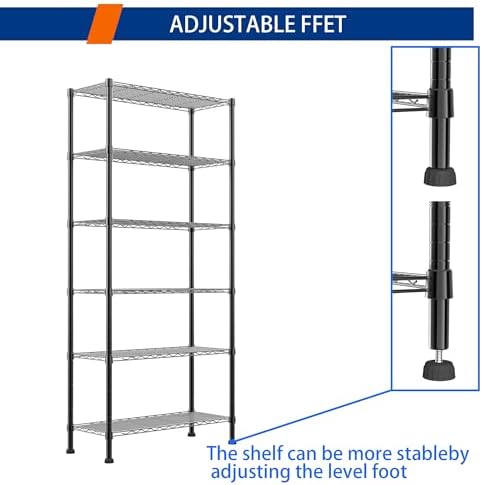 REGILLER 6-Wire Shelving Metal Storage Rack Adjustable Shelves,Standing Storage Shelf Units for Laundry Bathroom Kitchen Pantry Closet(Black,14.1" D x 30" W x 80" H) - Image 6