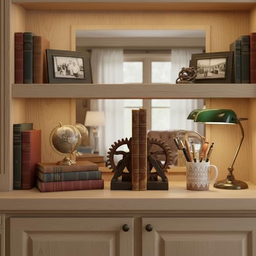 Braxio Decorative Bookends Industrial Gear - Set of 2 Steampunk Heavy Duty Non-Slip Book Supports for Shelves Desktop Book Ends for Office Library Desk Vintage Home Decor 4.7 x 3.5 x 7 Inch - Image 2
