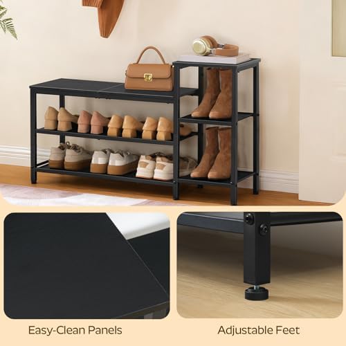 YATINEY 3-Tier Shoe Rack Bench, Wooden Shoe Storage Bench, Industrial Entryway Bench with Storage, Multi-Functional Shoe Rack with Seat for Bedroom, Hallway, Living Room, Black HX05BB - Image 6