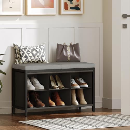 YATINEY Shoe Storage Bench with Cushion, Entryway Bench, Shoe Rack with Padded Seat and 6 Oxford Compartments, for Closet, Bedroom, Entryway, Black and Gray HX01BK - Image 2