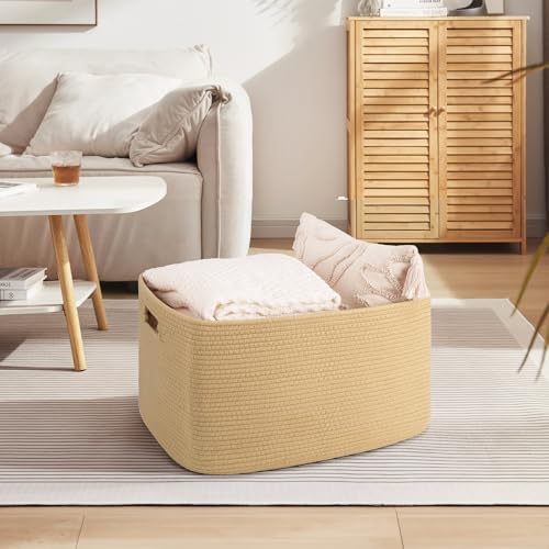 OIAHOMY 75L Large Blanket Basket Woven Storage Basket with Handle Yellow - Image 2