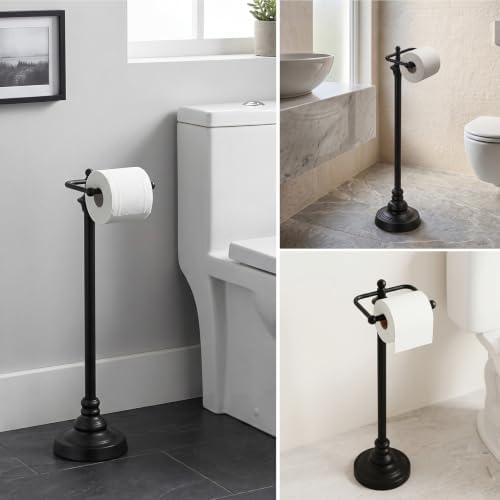 Trongee Toilet Paper Holder Stand, Freestanding Toilet Paper Holder with Weighted Base, Black Metal Toilet Paper Stand with Spring-Loaded Roll Bar, Fits Regular, Double & Mega Rolls for Bathroom - Image 7