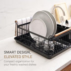 YAMAZAKI Home Dish Drying Rack – Modern Black Dish Rack for Kitchen Counter with Removable Drainer Tray and Cutlery Holder, Steel + Wood Dish Drying Organizer, Small Space-Saving Design - Image 2