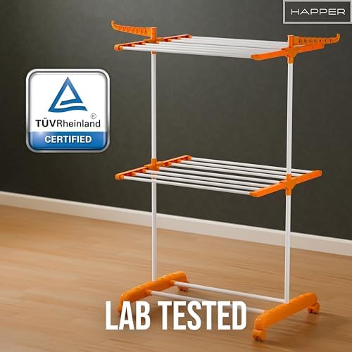 Happer Premium Clothes Stand for Drying with Wheels Portable 2 Layer Rack for Balcony Foldable Wings 14 Hanger Rods Anti Rust Steel Metal (Orange Compact Jumbo) - Image 4