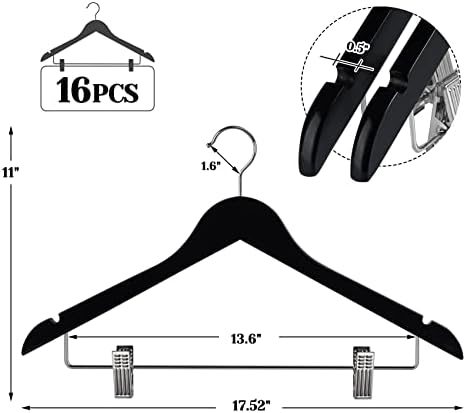 HOUÍSM Wooden Hangers with Clips, Heavy Duty Pants & Skirt Hangers, Solid Wood Clip Hangers for Trousers, Jeans, Clothes – Black, 16 Pack - Image 2