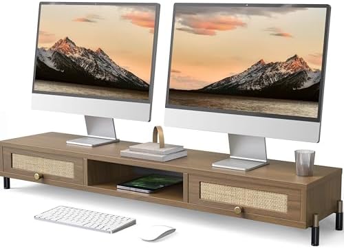 Fenge Dual Monitor Stand, Wooden Riser with Rattan Woven Flip Drawers by Fenge