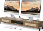 Fenge Dual Monitor Stand, Wooden Riser with Rattan Woven Flip Drawers by Fenge