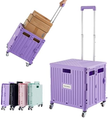 Foldable Utility Cart Folding Portable Rolling Crate Handcart with Durable Heavy Duty Plastic Telescoping Handle Collapsible 4 Rotate Wheels for Travel Shopping Moving Luggage Office Use (Purple) by MACOPRO