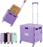 Foldable Utility Cart Folding Portable Rolling Crate Handcart with Durable Heavy Duty Plastic Telescoping Handle Collapsible 4 Rotate Wheels for Travel Shopping Moving Luggage Office Use (Purple) by MACOPRO
