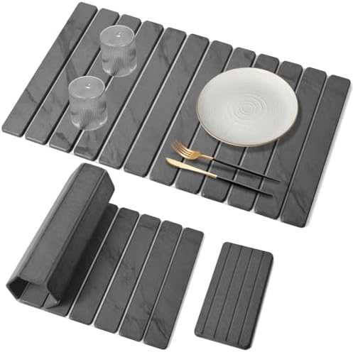 Large Stone Dish Drying Mat for Kitchen Counter, Quick Dry Dish Drying Mats, Foldable Absorbent Diatomaceous Earth Mats for Dishes Bottles Cup, Match Any Countertop (Gray Marble 28"×16" & 8"x4") by Lprmnnc