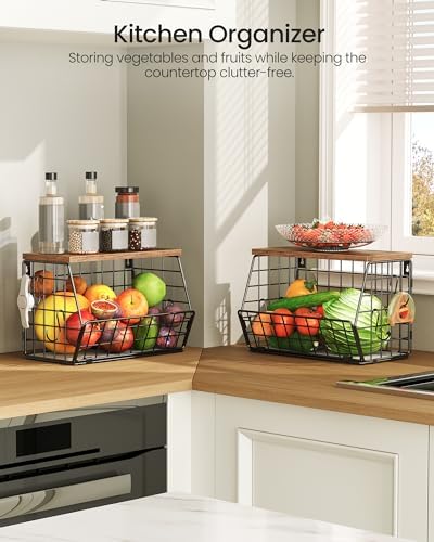 CHOEZON 2-Tier Fruit Basket for Kitchen, Stackable Hanging Basket Wire Baskets with Wooden Lid, Wall-Mounted Kitchen Counter Organizer for Fruit, Vegetable Storage, Rustic Brown and Black TCW02P2BF - Image 2