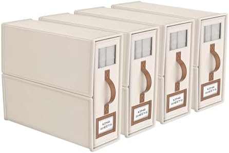4 Pack Foldable Bed Sheets Set Organizers and Storage(King & Queen Size),Linen Fabric Closet Organizers with Window,Folding Bedding Storage Box for Bedsheets and Pillow Cube Organizer-Beige by BigPonPon
