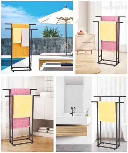 2-Tier Tall Towel Rack for Bathroom, Freestanding Towel Stand Drying Rack for Oversized Bath Towels, Poolside, Bathroom, Black, ALHAKIN - Image 7
