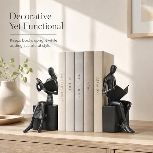 Iron Decorative Bookends for Heavy Books, Black Reading Couple Book Ends Decorative, Metal Thinker Bookends for Shelves Shelf Bookshelf Books Home Office Aesthetic or Book Lovers Gifts - Image 2