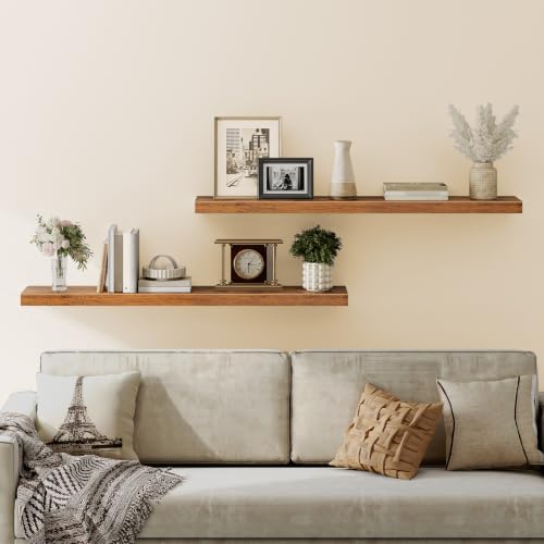 HOOBRO Floating Shelves for Wall, Wall Mounted Shelf Set of 2, 55" Hanging Shelf with Invisible Brackets, for Wall Storage in Bathroom Bedroom Kitchen Living Room Office, Rustic Brown BF140BJP201 - Image 2