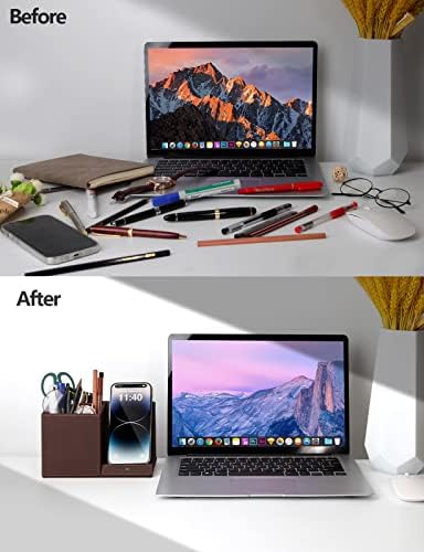 Desk Supplies Organizer, Multi-Functional Pencil Pen Holder with Wireless Charger, Desktop Stationery Organizer, Home Office Supply Storage Box Caddy (Brown) - Image 2