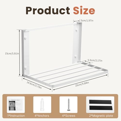 Foldable Wall Mounted Clothes Drying Rack,Space-Saving Laundry Drying Rack, Magnetic & Punch-Free Retractable Hanging Rack with 4 Drying Bars, Heavy-Duty Fold Down (White) - Image 4