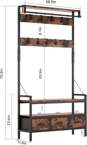 Hall Tree with Bench and Shoe Storage, Freestanding Entryway Coat Rack with 3 Fabric Drawers, 16 Hooks - Image 7