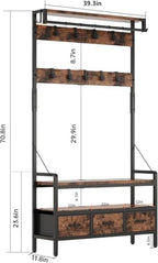 Hall Tree with Bench and Shoe Storage, Freestanding Entryway Coat Rack with 3 Fabric Drawers, 16 Hooks - Image 7