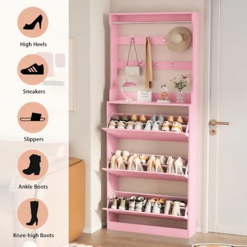 Pink Hidden Shoe Cabinet with 3 Flip Drawers & Coat Rack, Entryway - Image 7