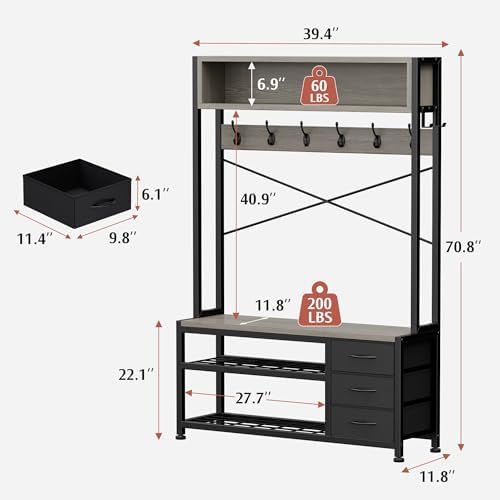 Hall Tree with Bench and Hooks, 39.4" Shoe and Coat Rack Entryway Organizer - Image 2