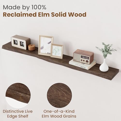 FLYJOE Floating Shelves for Wall Decor, Rustic Solid Elm Wood Live Edge Floating Shelves Wall Mounted, Wall Shelves with Invisible Bracket for Living Room Bathroom Bedroom Kitchen, 55 Inch, Walnut - Image 3