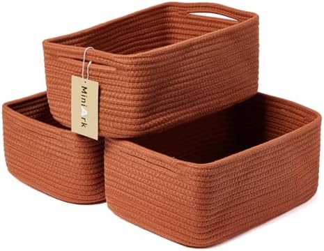 MiniArk Small Storage Baskets for Organizing | Closet Organizer Bins | Shelf Toy Basket | Woven Rope Baskets | Cube Decorative Box | Shallow Basket | 13x8.5x5.1” | 3 Packs Oxide Red by MiniArkStorageBasketsHome