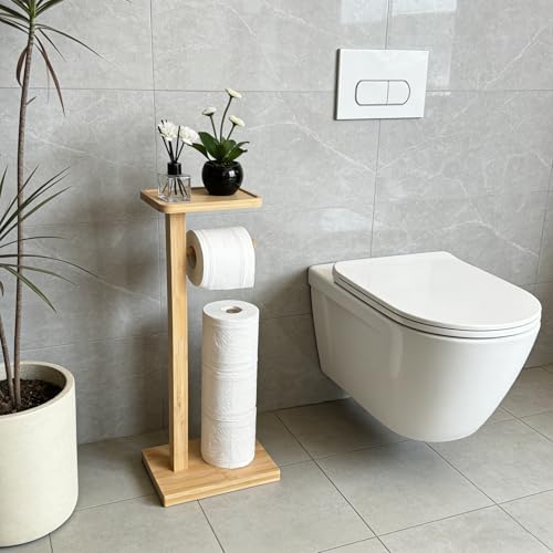 Bamboo Freestanding Bathroom Toilet Paper Holder Stand with Phone Shelf and Storage, Holds 3 Extra Mega Rolls,Natural (Natural) by TEGUEPS