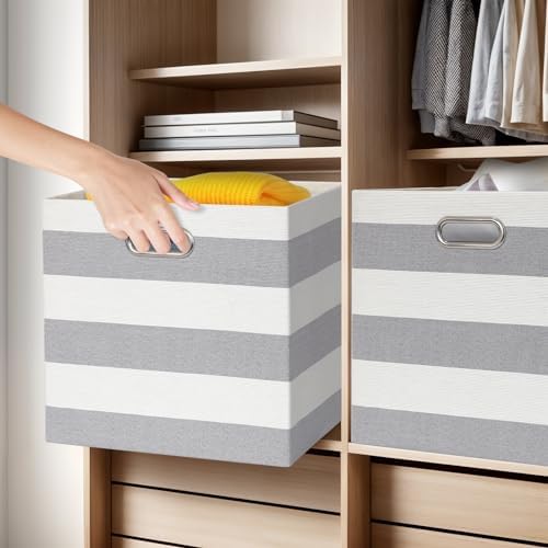 11 x 11 x 11 Inch Linen Stripe Storage Cubes for Home Organizing, Pack of 4 - Image 6
