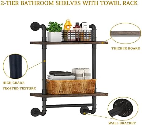 Helsin 2 Tier Industrial Pipe Floating Bathroom Shelves Wall Mounted with Towel Bar, Rustic Wood Wall Shelf, 16 Inch Metal Towel Rack Storage Bookshelf for Bathroom, Kitchen, Farmhouse, Living Room - Image 4