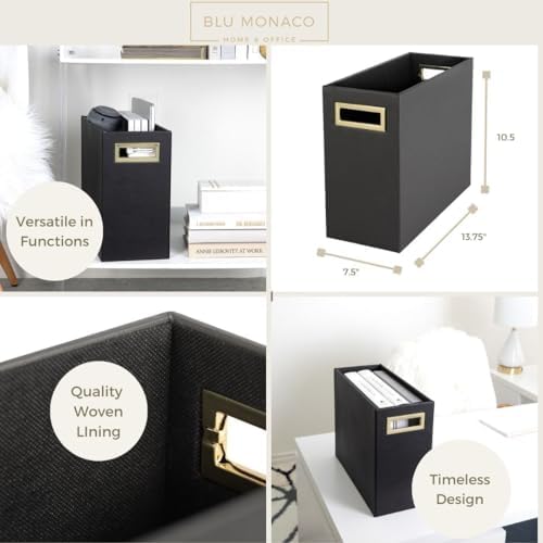 BLU MONACO | Black Leather Magazine Basket with Gold Handles | Floor Magazine Rack & Newspaper Stand | Modern Bathroom and Home Storage Organizer - Image 4