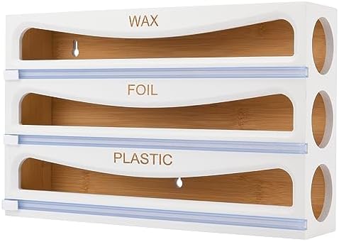 Bamboo Wrap Dispenser with Cutter, Plastic Wrap Organizer, Aluminum Foil Organization, and Wax Paper Dispenser Holder for Kitchen Drawer and Wall, Compatible with 12" Roll (02 White) by CozeeBay