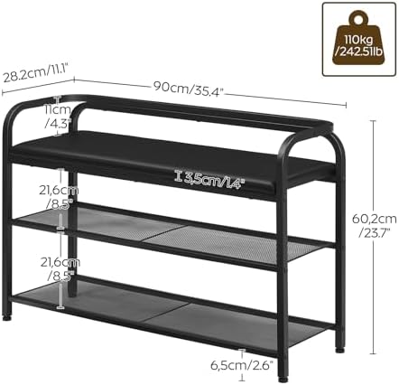 YATINEY Shoe Bench with Backrest, 35.4" Long Entryway Bench, 2-Tier Shoe Rack with PU Padded Seat, Upholstered Shoe Storage Bench with Back, for Hallway, Entryway, Foyer, Bedroom, Black HX14BB - Image 3