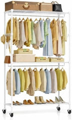 Simple Deluxe Rolling Clothes Rack, Heavy Duty Clothing Rack, 3-Shelf Portable Adjustable Wardrobe Closet with Wheels, Hanging Rods & Side Hooks, 43.3" W x 17.7" D x 80.3" H, White by SimpleDeluxe