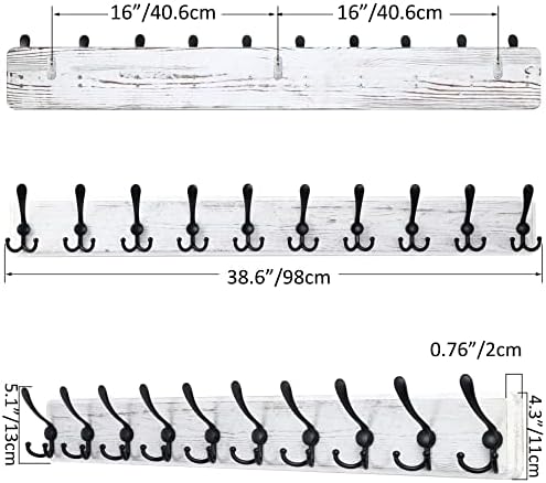 SKOLOO Coat Rack Wall Mounted - 38.3'' Long, Wooden, Heavy Duty, Rustic Coat Hooks for Wall, Wall Coat Rack with 10 Triple Hooks for Hanging Clothes, Jacket, Hat(Weathered White) - Image 5