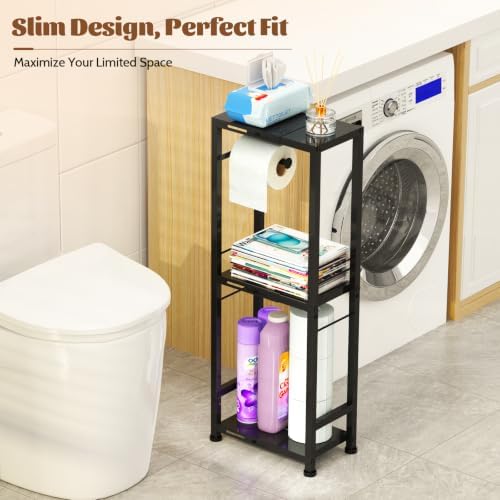 3-Tier Toilet Paper Holder Stand with Storage Shelf, Expandable Width 8.7"-13", Metal Freestanding Slim Floor Standing Toilet Tissue Rack Scroll Stand Roll Dispenser for Bathroom Narrow Space, Black - Image 4