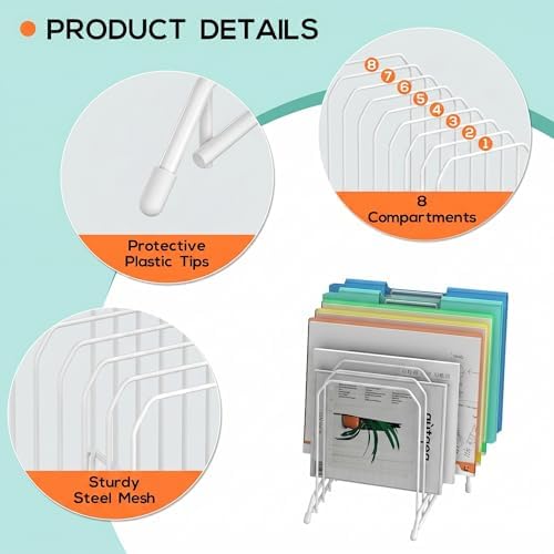 Incline Sorter Desk File Organizer, Metal Desk Magazine Folder Holder with 8-Section Vertical Compartments Rack File Organizer for Office, Home, School (2, White) - Image 4