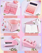 23pc Pink Desk Accessories and Organizers with Mesh Organizer Stapler Tape Dispenser Calculator and a Lot of Office Pink Office Supplies Beautifully Presented in a Gift Box - Image 3