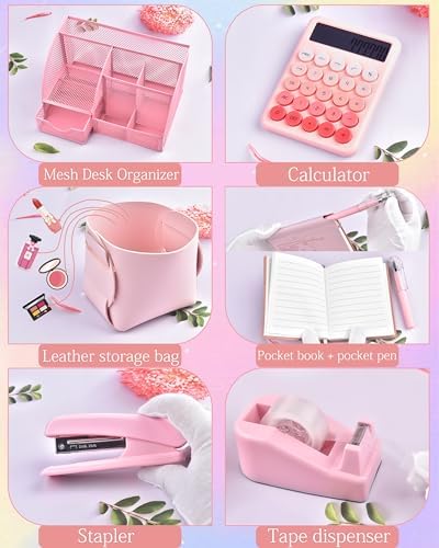 23pc Pink Desk Accessories and Organizers with Mesh Organizer Stapler Tape Dispenser Calculator and a Lot of Office Pink Office Supplies Beautifully Presented in a Gift Box - Image 3