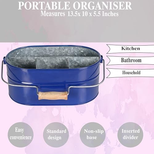 Alpha Living Home 4 -Section Galvanized Utensil Silverware Caddy - Farmhouse Organizer with 4 Compartments and Wooden Handle - Versatile Storage for Kitchen, Outdoor & Party Essentials (Blue) - Image 3