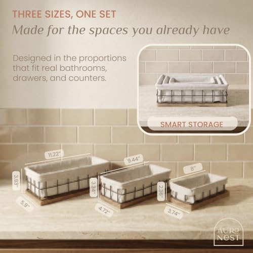 Set of 3 Decorative Basket Organizers, Sturdy Rustic & Farmhouse Decor Metal Wooden Baskets for Organizing, Wire with Liner, Perfect as Home, Kitchen or Bathroom Organizer - Image 4