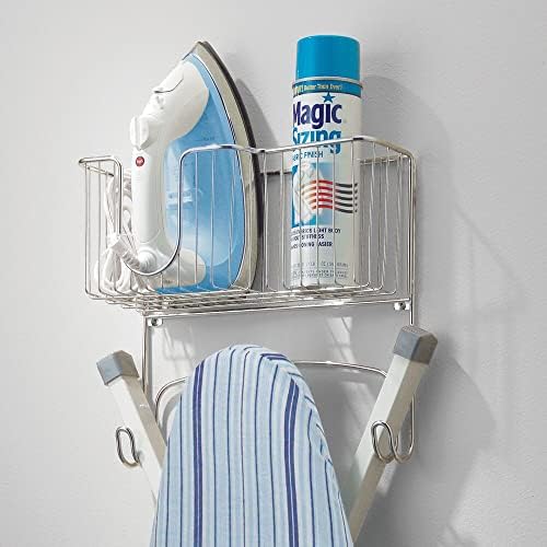 mDesign Metal Steel Ironing Board Holder Wall Mount with Large Storage Basket for Laundry Rooms - Holds Iron, Ironing Board, Spray Bottles, Starch, or Stain Sticks - Easy Installation - Chrome - Image 2
