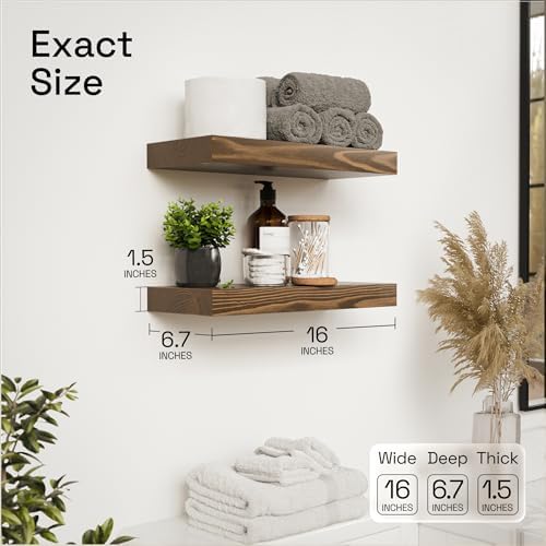 Solid Wood Floating Shelves for Wall 16 Inch Walnut, Wooden Bathroom Shelf - Image 3
